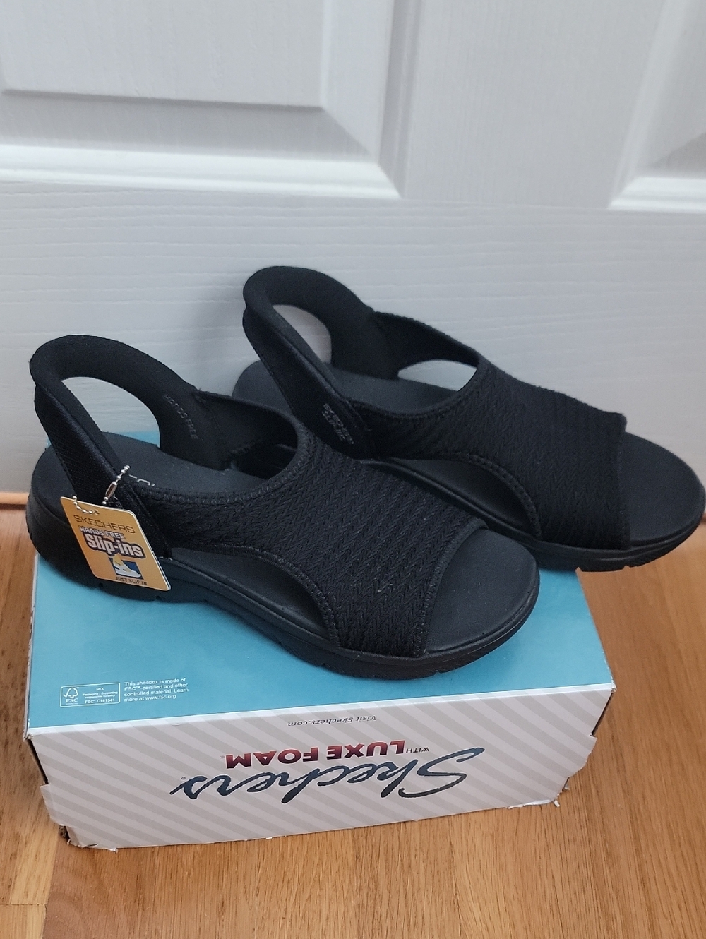 Skechers Black Stretch Fabric Slingback Sandals Memory Maker New 10 Slip Ins